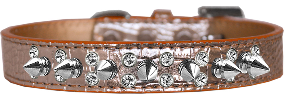Double Crystal and Spike Croc Dog Collar Copper Size 20